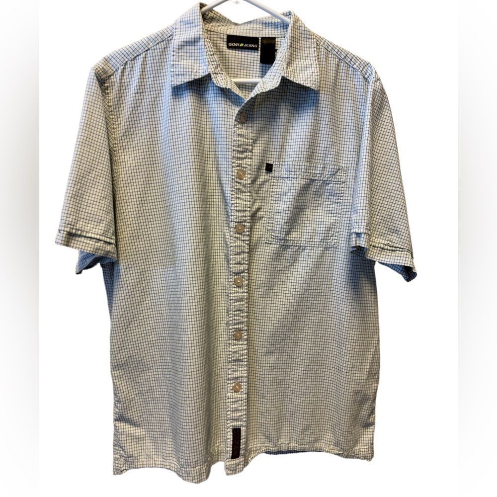 DKNY, short sleeve shirt, white , green blue stripes , size large